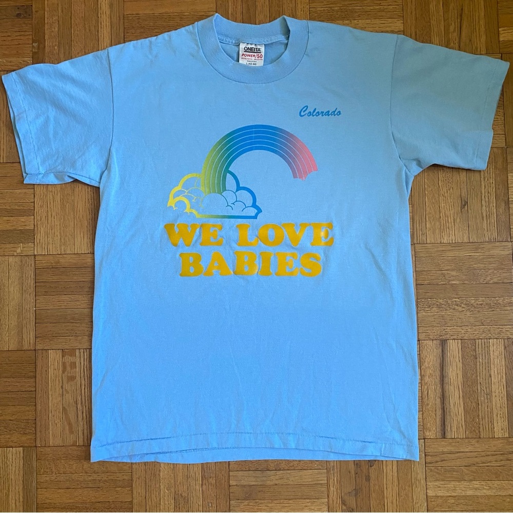 Vintage Colorado We Love Babies Rainbow Light Blue Single Stitch T-shirt Large